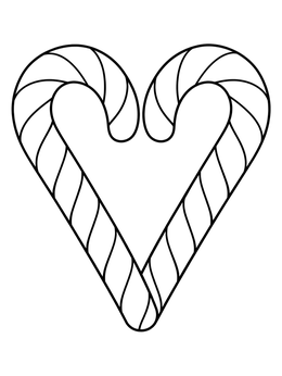 A sweet peppermint candy coloring page featuring two canes arranged into a heart shape.