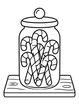 A peppermint candy coloring page showing a glass jar packed with candy canes on a wooden board.
