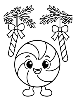 A smiling peppermint candy coloring page with hanging candy sticks and pine branches.
