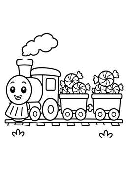 A peppermint candy coloring page showing a cartoon train pulling carts loaded with sweets.