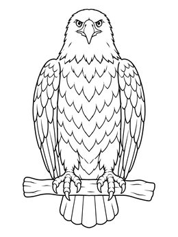 Front view of a majestic bird on a wooden branch in this bald eagle coloring page.