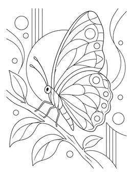 Perched Butterfly on Leafy Twig coloring page