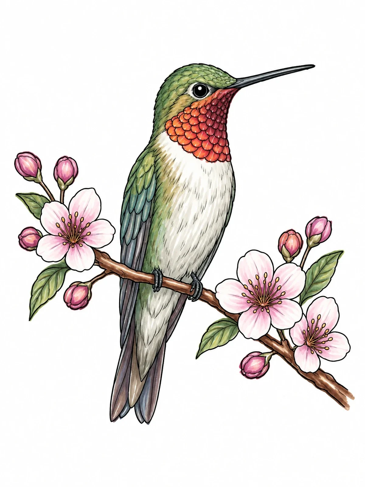 Colored example of the Perched Hummingbird On Cherry Blossom Branch coloring page