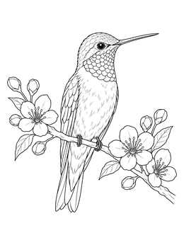 A detailed hummingbird coloring page featuring a small bird perched among blooming cherry blossoms.