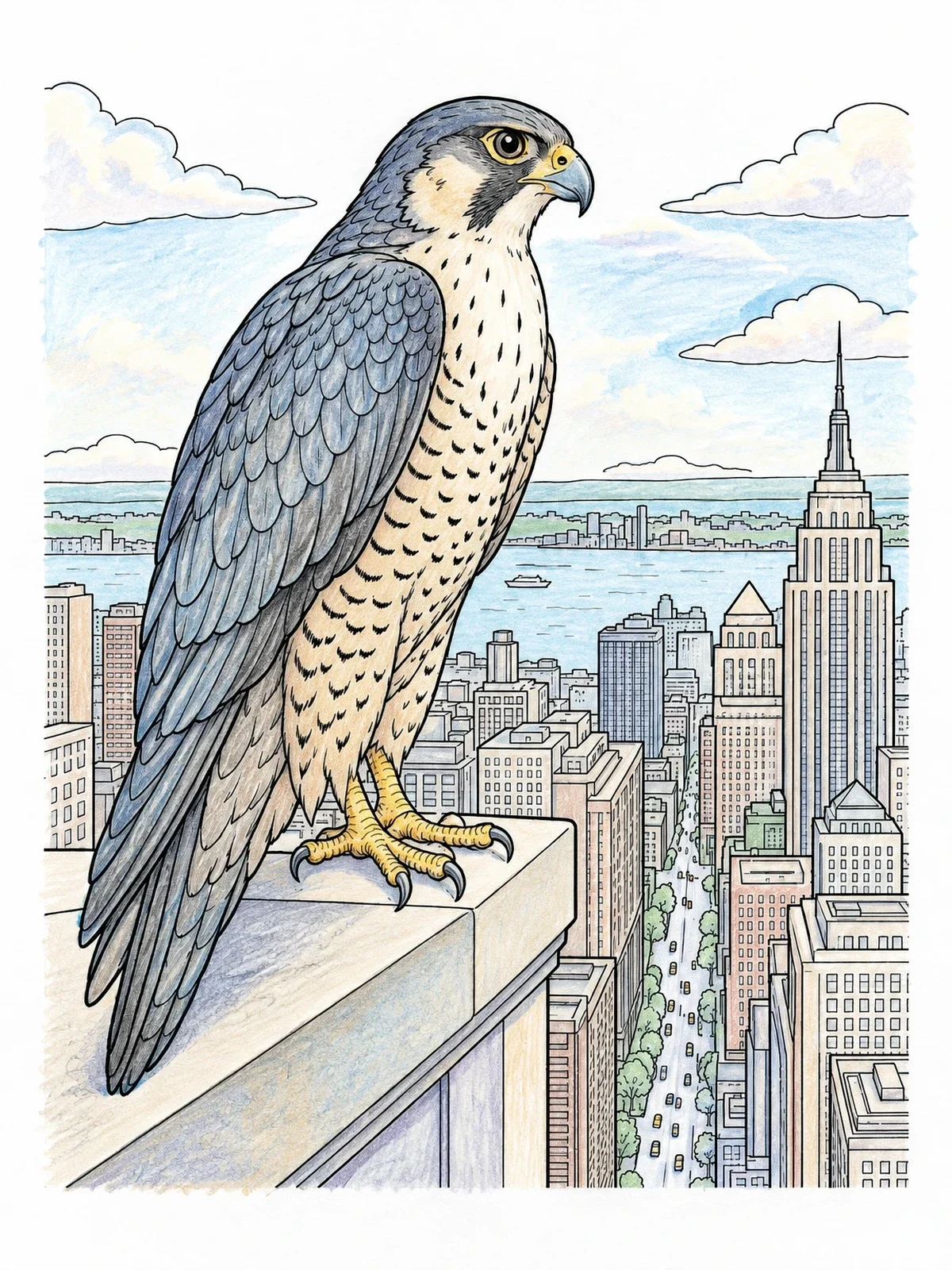 Colored example of the Peregrine Falcon Over City Skyline coloring page