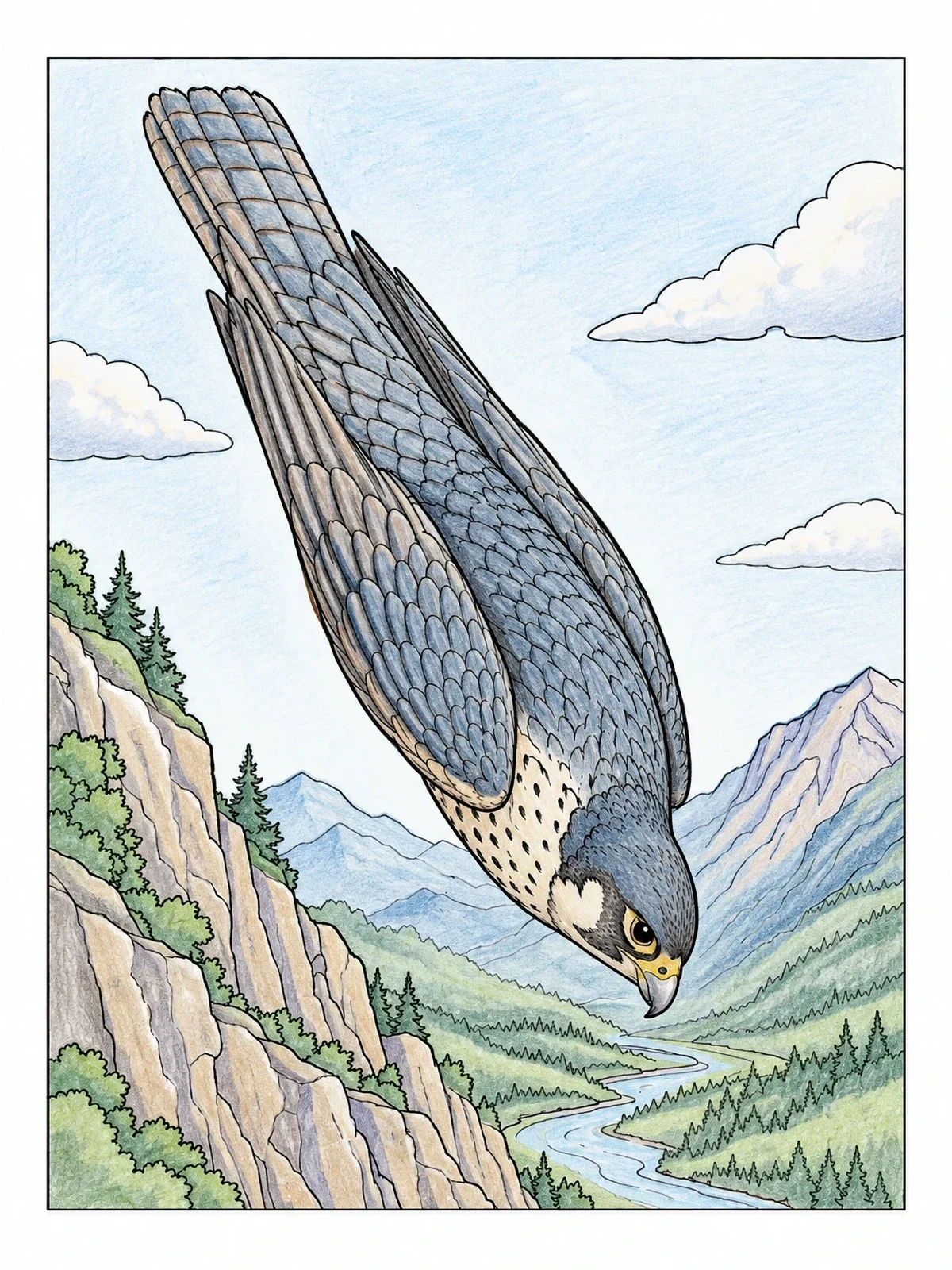 Colored example of the Peregrine Falcon Diving Over Mountains coloring page