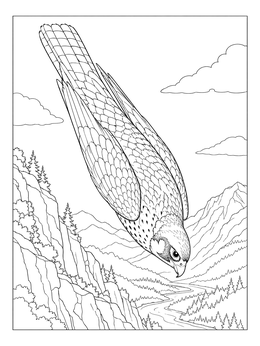 A detailed falcon coloring page showing a peregrine diving above a mountain valley.