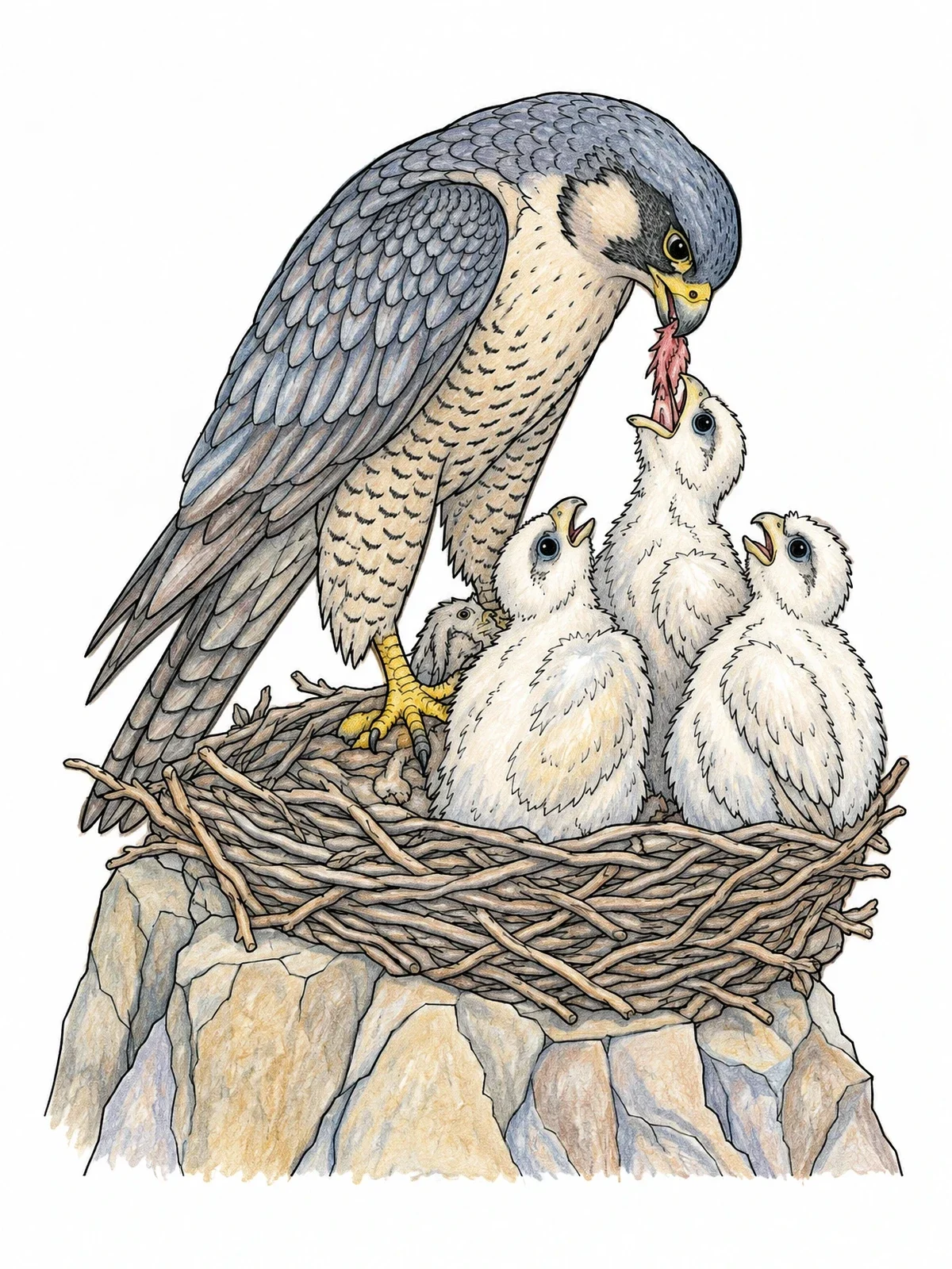 Colored example of the Falcon Feeding Chicks In Nest coloring page