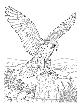 A detailed falcon coloring page showing a peregrine falcon landing on a stone post with wings spread wide.