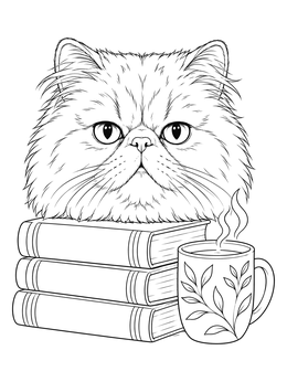 Free printable Persian Cat On Books With Mug coloring page