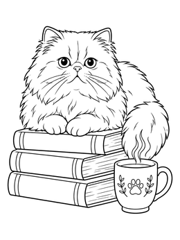 Free printable Fluffy Persian Cat On Books coloring page