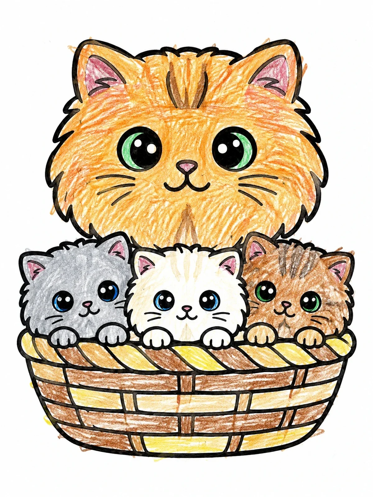 Colored example of the Cute Persian Cat With Kittens In Basket coloring page