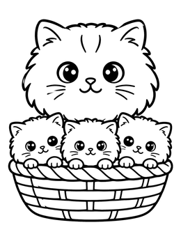 Free printable Cute Persian Cat With Kittens In Basket coloring page