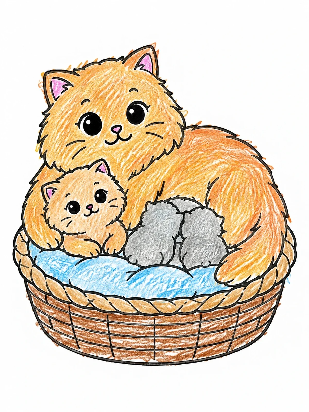 Colored example of the Fluffy Cat Family In A Basket coloring page