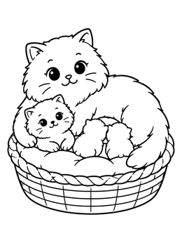 Free printable Fluffy Cat Family In A Basket coloring page