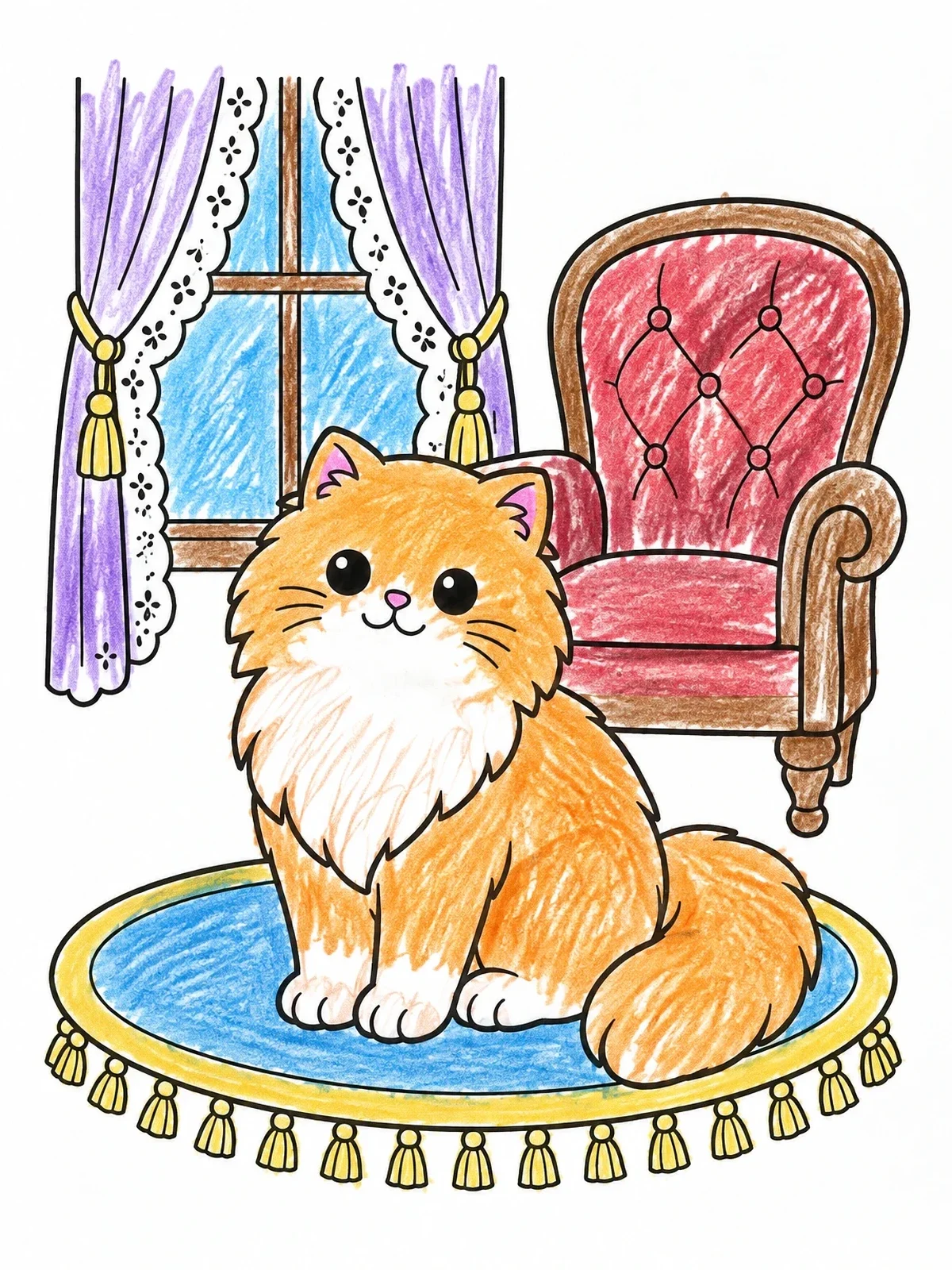 Colored example of the Fluffy Persian Cat In Parlor coloring page