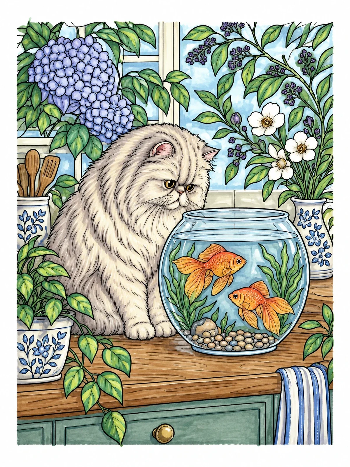 Colored example of the Persian Cat Watching Goldfish coloring page
