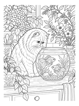 Free printable Persian Cat Watching Goldfish coloring page