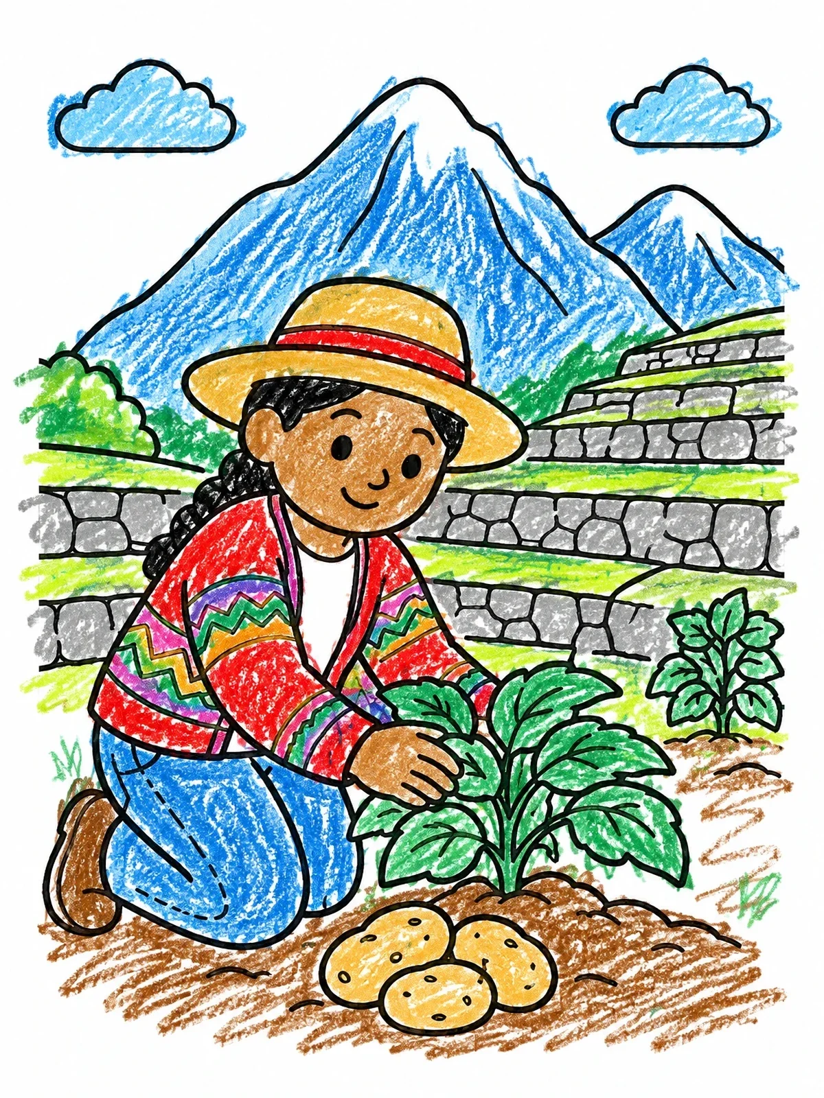 Colored example of the Farmer Harvesting Potatoes In The Andes coloring page