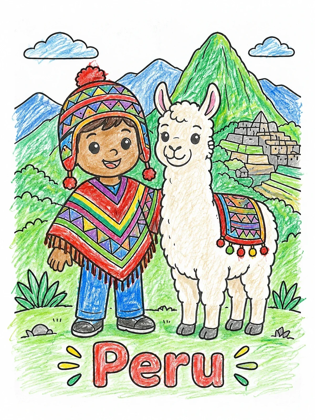 Colored example of the Peruvian Child And Friendly Llama coloring page