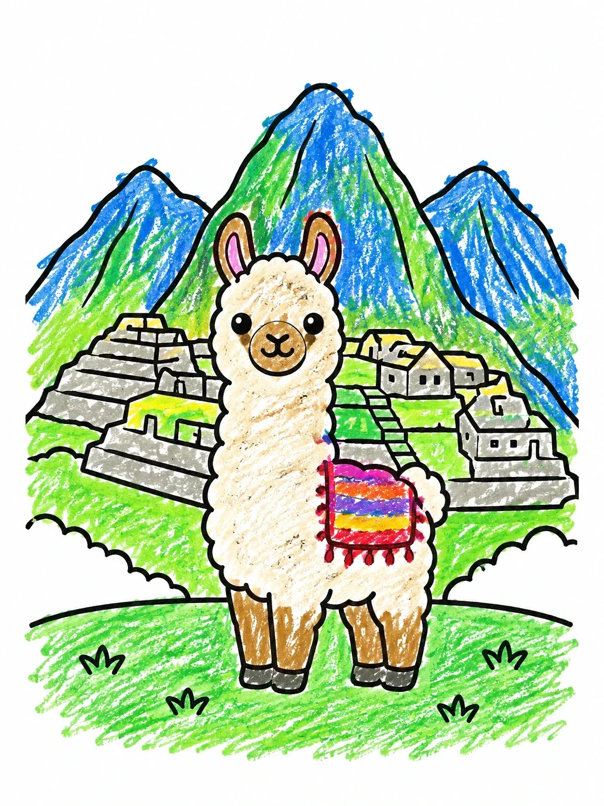 Colored example of the Cute Llama At Machu Picchu coloring page