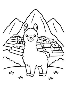 Free printable Cute Llama At Machu Picchu coloring page