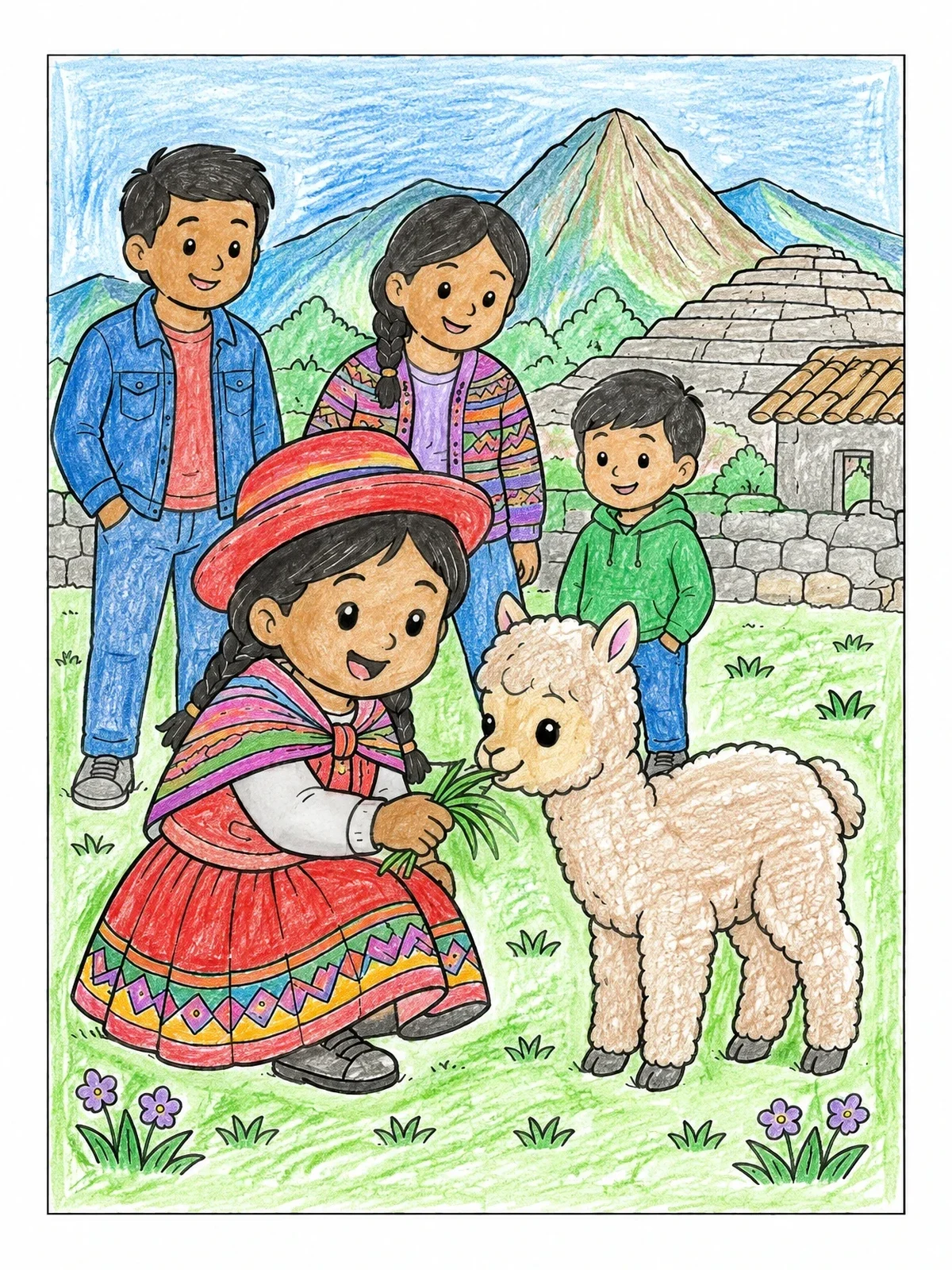 Colored example of the Family Feeding A Baby Alpaca In Peru coloring page