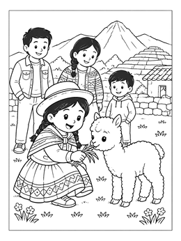 Free printable Family Feeding A Baby Alpaca In Peru coloring page