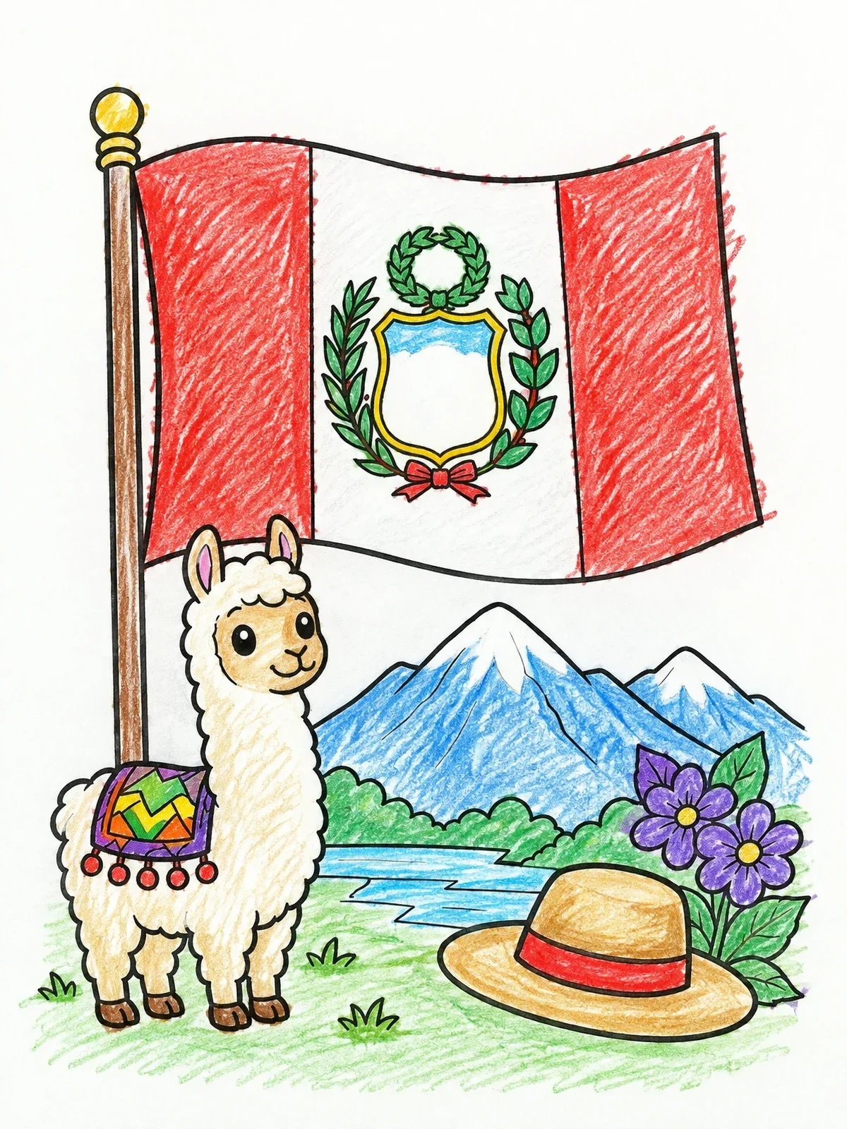 Colored example of the Peruvian Flag With Cute Llama coloring page