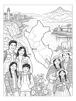 A detailed peru coloring page featuring a map outline, Peruvian landmarks, and smiling families.