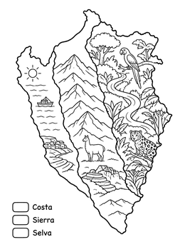 Educational peru coloring page showing a map with coast, mountain, and rainforest regions.