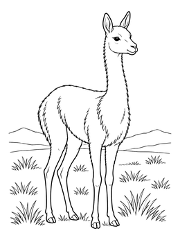 A slender vicuña stands alert in this peru coloring page featuring grassy Andean plains.