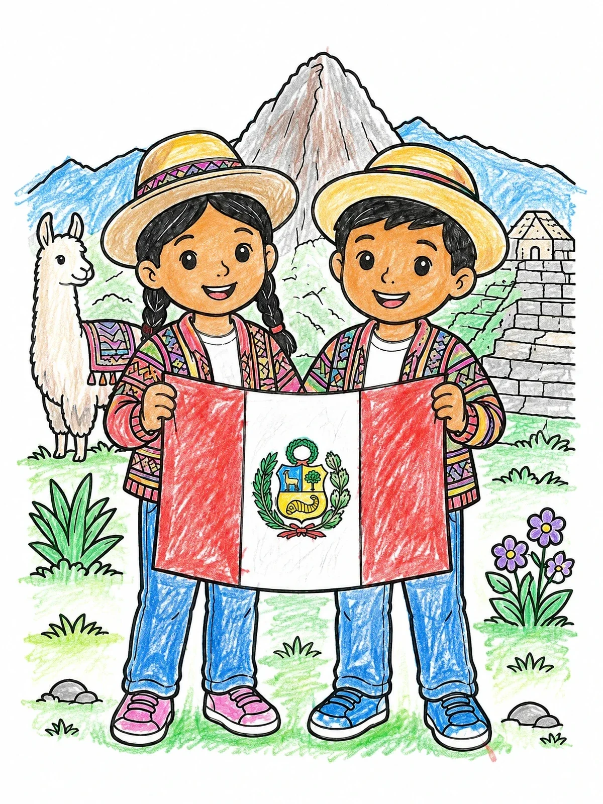 Colored example of the Peruvian Children Holding National Flag coloring page
