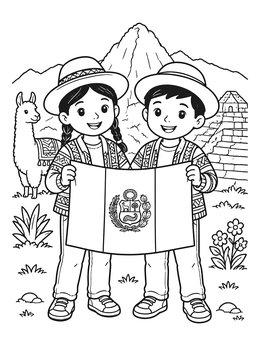 Free printable Peruvian Children Holding National Flag coloring page
