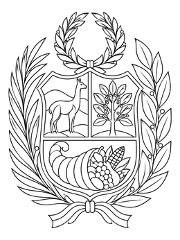 Detailed peru coloring page presenting the national coat of arms with a vicuña, cinchona tree, and cornucopia.