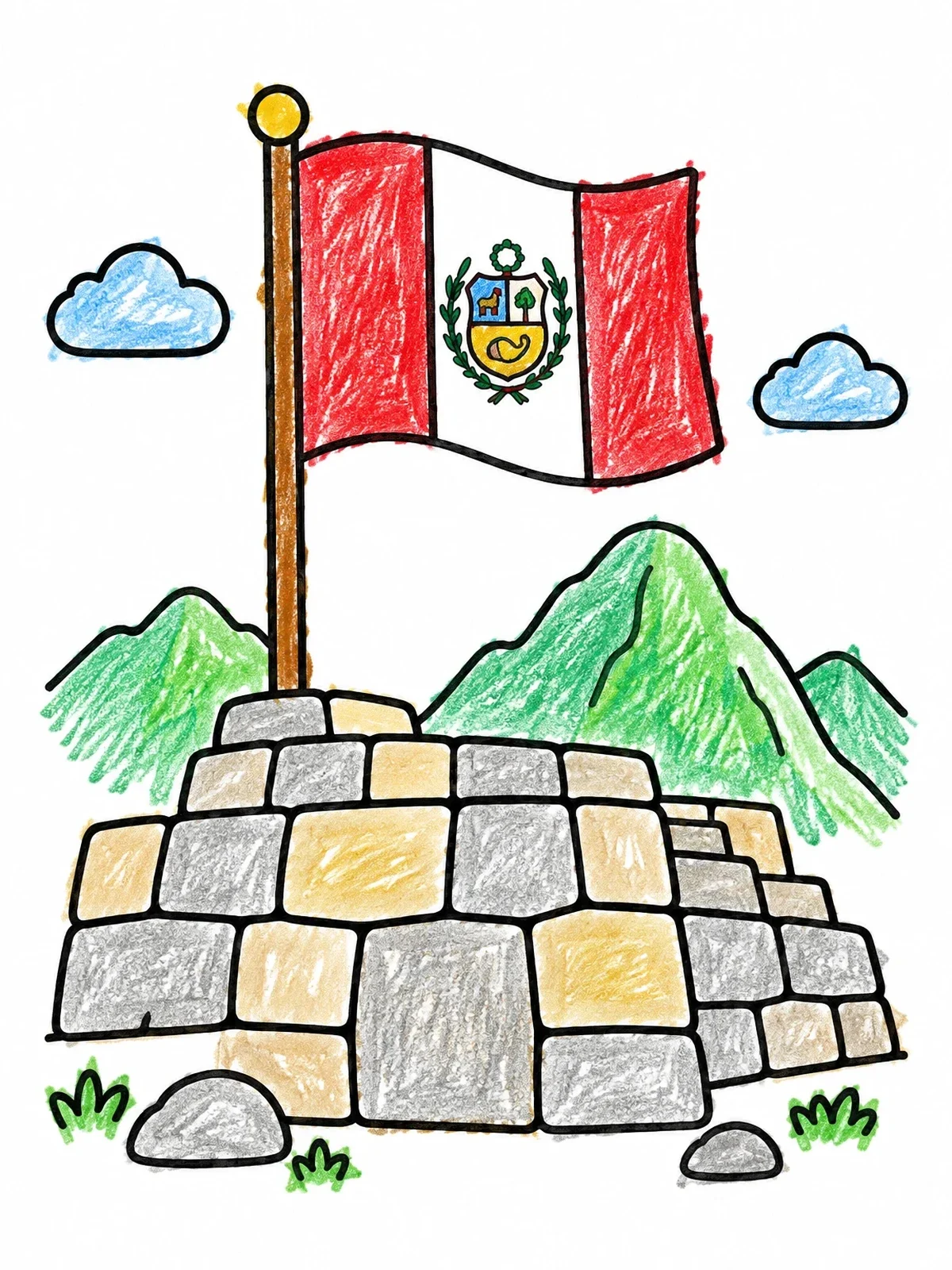 Colored example of the Peruvian Flag On Ancient Stone Fortress coloring page