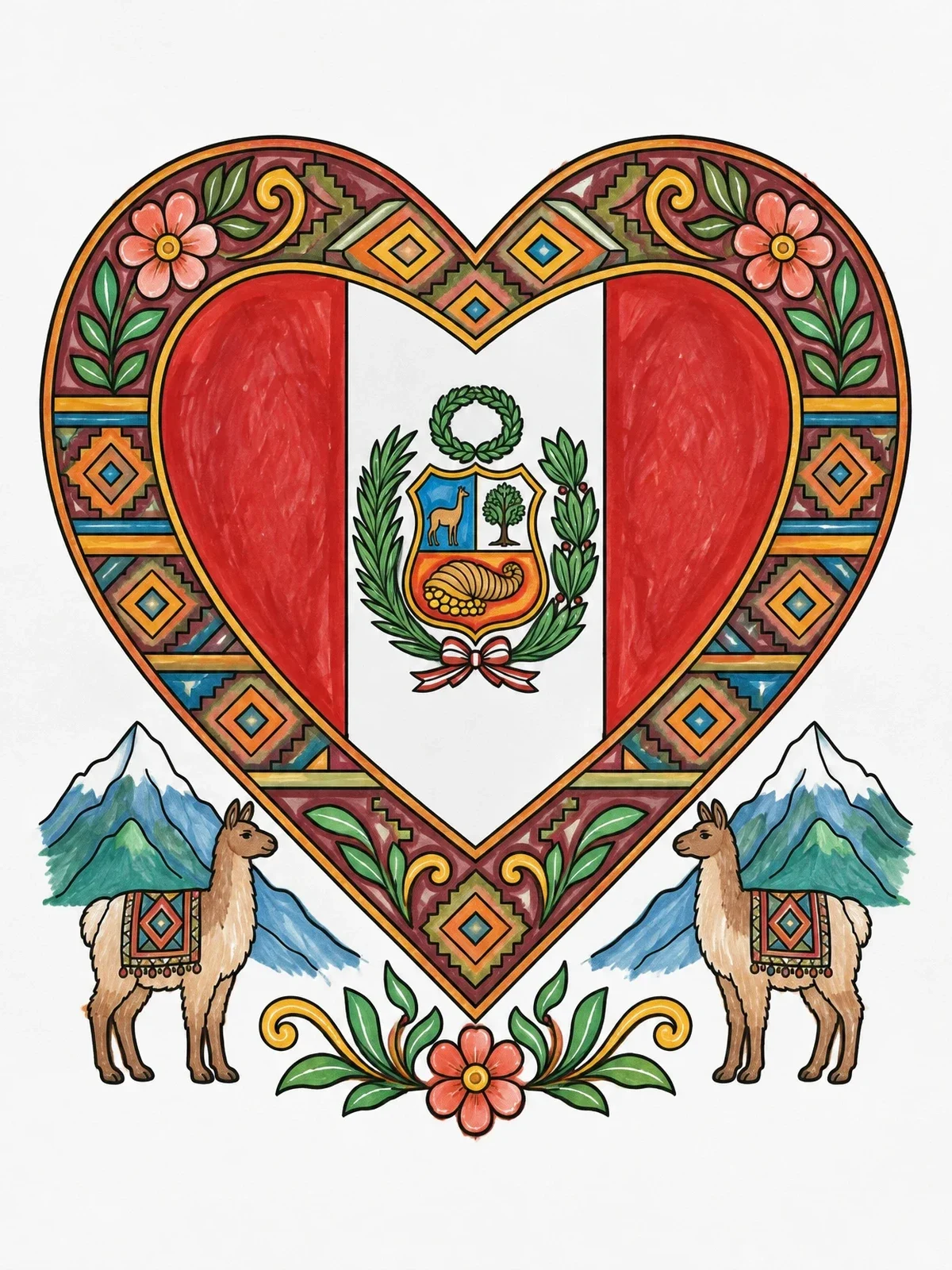 Colored example of the Peruvian Heart Frame With Coat Of Arms coloring page