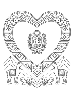 An intricate peru coloring page featuring a patterned heart frame, the coat of arms, and llamas.