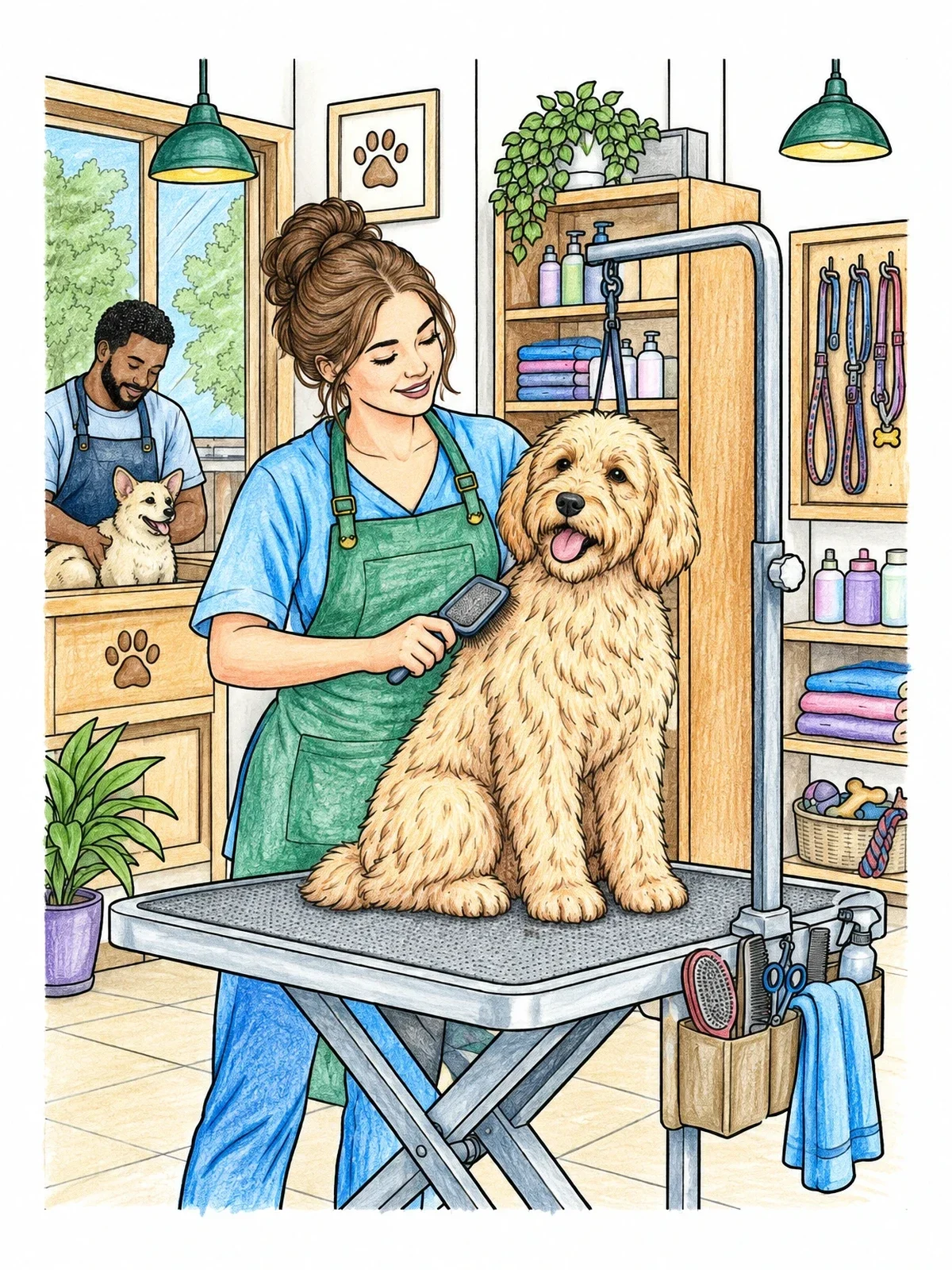 Colored example of the Busy Pet Grooming Salon coloring page