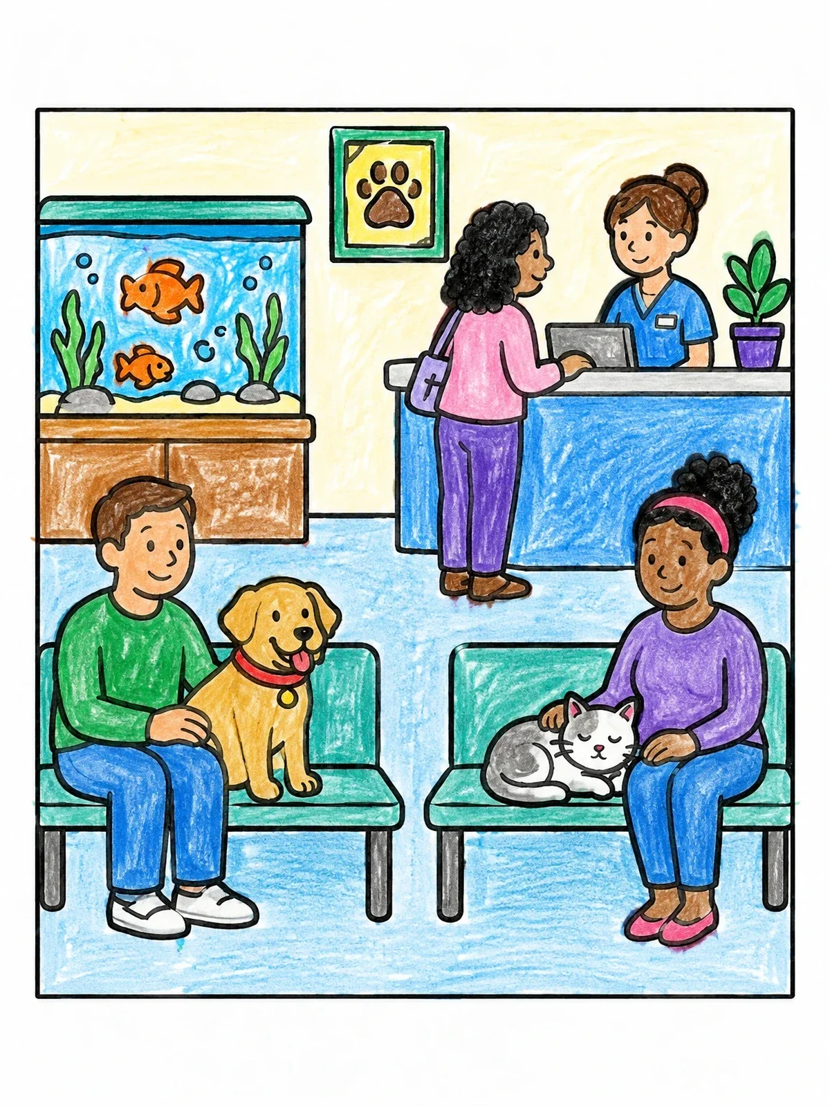 Colored example of the Pet Hospital Waiting Room coloring page