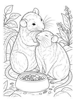 Two friendly pet rats grooming each other in this detailed rat coloring page.