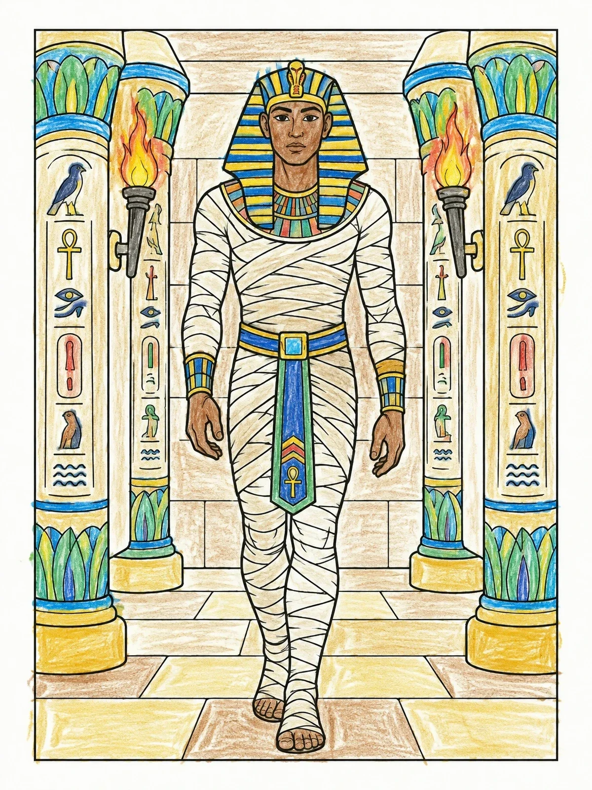 Colored example of the Pharaoh Mummy In Ancient Temple coloring page