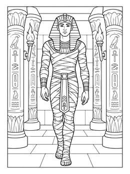 An Egyptian mummy coloring page with a pharaoh walking past carved stone columns.