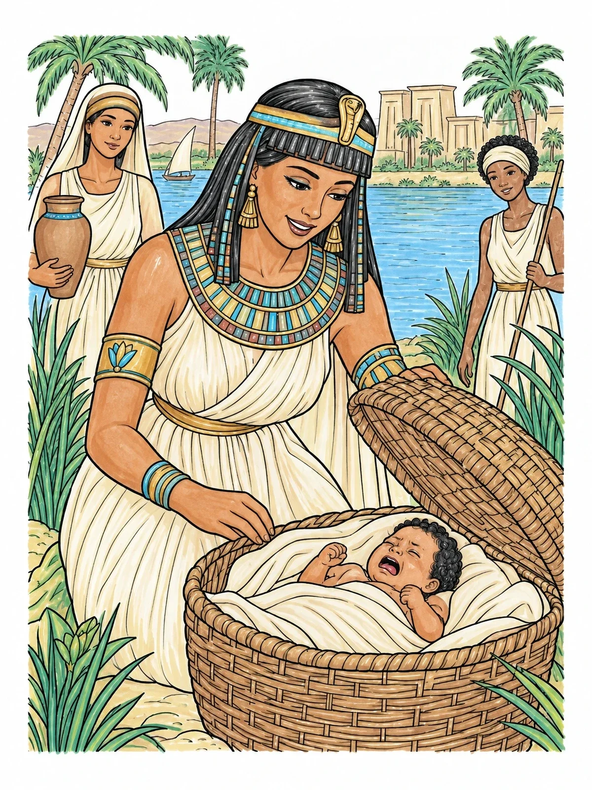 Colored example of the Pharaoh's Daughter Finds Baby Moses coloring page