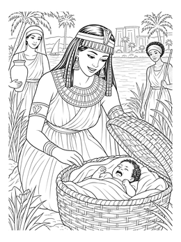 A moses coloring page showing Pharaoh's daughter finding baby Moses crying in a basket along the Nile river.