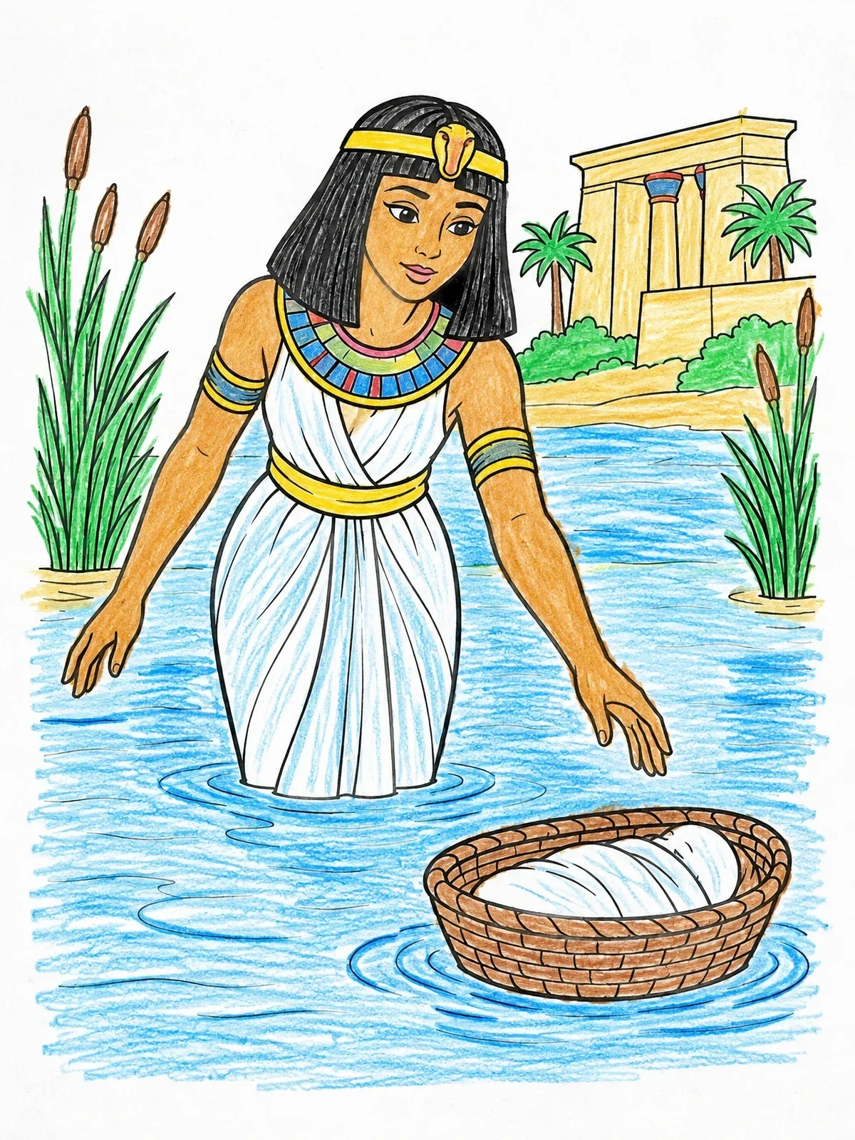 Colored example of the Pharaoh's Daughter Finds Baby Moses coloring page