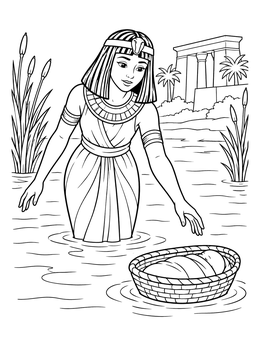An Egyptian princess finds infant Moses in the river on this moses coloring page.