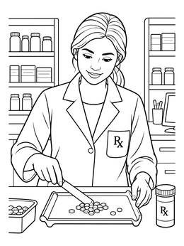 A friendly chemist at work in this detailed pharmacist coloring page with counting tray and shelves.