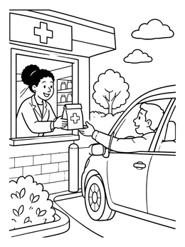 Free printable Drive Thru Pharmacy Window Service coloring page