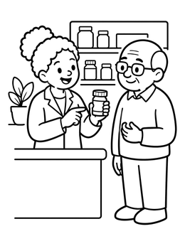 Free printable Pharmacist Assisting A Senior Customer coloring page